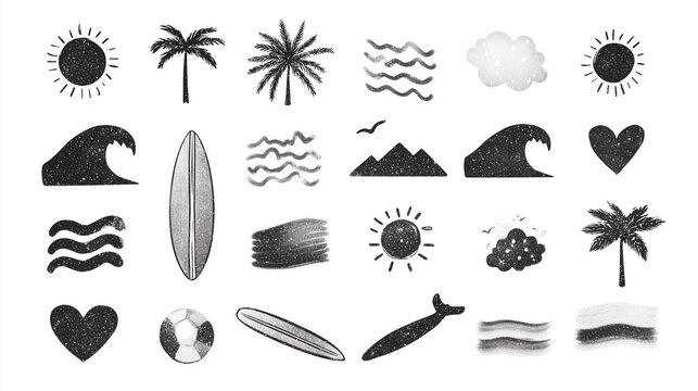 Hand-drawn doodle beach and surf icon vector set with tropical elements like palm trees, waves, surfboards, and sun.summer designs coastal design.vector set of  smmer tropical beach icon