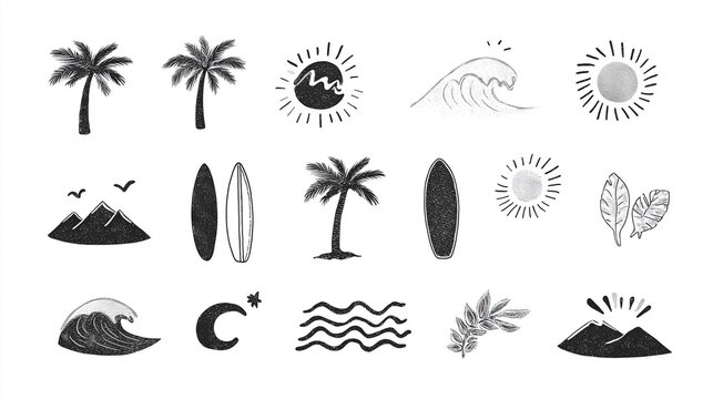 Hand-drawn doodle beach and surf icon vector set with tropical elements like palm trees, waves, surfboards, and sun.summer designs coastal design.vector set of  smmer tropical beach icon