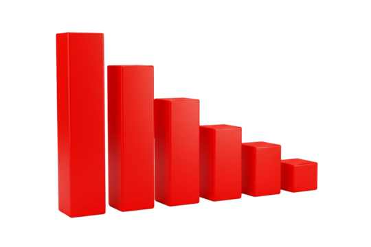 A threedimensional red bar chart with descending columns symbolizing decline loss and negative growth
