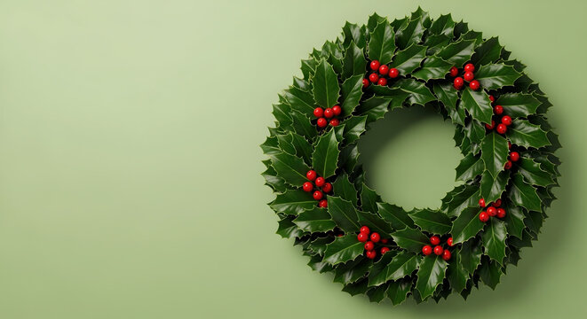 Festive advent wreath with holly leaves and red berries for christmas decoration