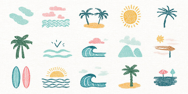 Hand-drawn doodle beach and surf icon vector set with tropical elements like palm trees, waves, surfboards, and sun.summer designs coastal design.vector set of  smmer tropical beach icon