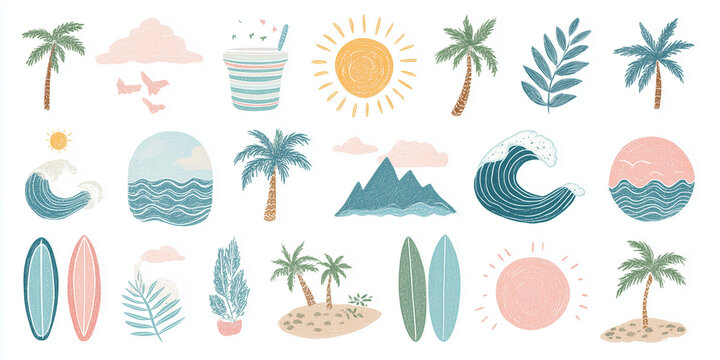 Hand-drawn doodle beach and surf icon vector set with tropical elements like palm trees, waves, surfboards, and sun.summer designs coastal design.vector set of  smmer tropical beach icon