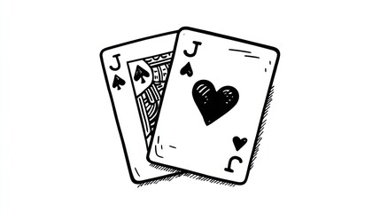 Obraz premium Two playing cards, one spade jack, one heart jack, in a simple black and white style