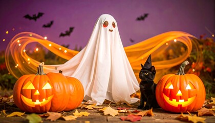 Halloween scene with ghost and pumpkins