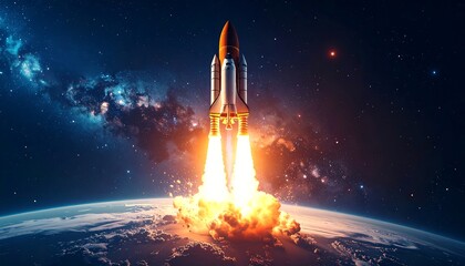 Rocket launching into space, Earth in background