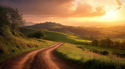 Fototapeta premium Scenic sunset over rolling hills with a dirt road leading into the distance.