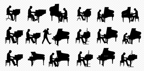 Diverse black silhouettes illustrating musicians playing and interacting with different grand and upright pianos. © Adji