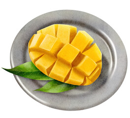 vibrant mango sliced into cubes on silver plate with green leaves. bright yellow fruit showcases its juicy texture and tropical appeal