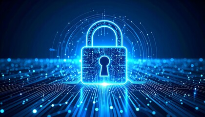 Digital lock graphic on glowing network