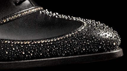 Fototapeta premium Close-up of black leather shoe, studded with tiny crystals