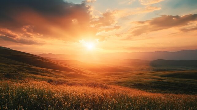 Stunning sunset over rolling hills with clouds and golden light