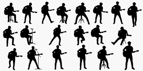 Collection of silhouette illustrations showing a person playing an acoustic guitar in various standing and seated positions.