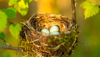 Bird's nest with eggs in morning light