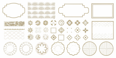 Collection of decorative frames and geometric patterns in beige and gold tones vector illustration