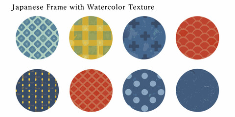 Eight circular Japanese frames with watercolor texture and traditional patterns circle