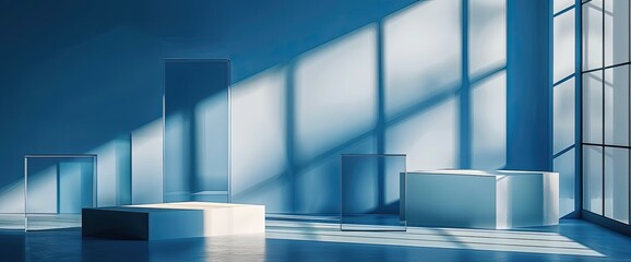 Abstract blue background with geometric shapes and podiums for product presentation in the style of minimalistic. Abstract motion blurred 3D rendering of glass texture