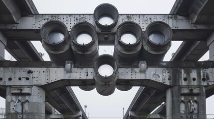 Detailed underside view of grey concrete structure featuring beams and pillars in urban architecture