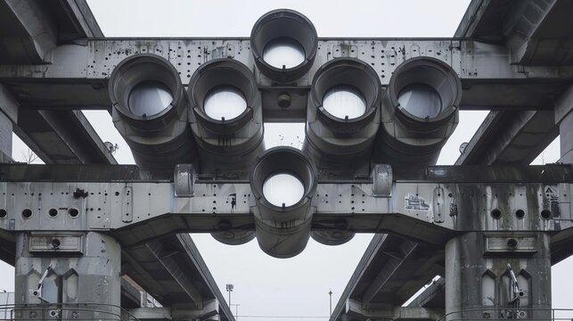 Detailed underside view of grey concrete structure featuring beams and pillars in urban architecture - Powered by Adobe
