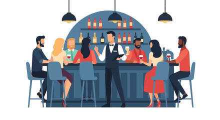 Diverse Patrons Enjoying Drinks at Blue Bar With Bottles Overhead and Bartender Serving Clients in a Vector Illustration