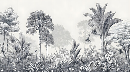 line drawing enchanting jungle tropical plants and trees wallpaper © Daniel