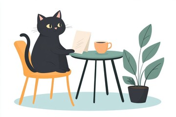 Black cat sitting on a chair near a table with a cup of coffee and a paper letter, flat design illustration,