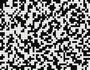 QR-code bg with bw squares and symbols. Seamless pattern of encoded message or binary code for scanning by computer or smartphone. Vector monochrome tech background