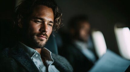 Executive reviewing important documents on a flight