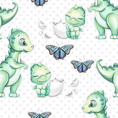 Unique seamless pattern with playful green dinosaurs and butterflies on a dotted background perfect for wallpaper or fabric design