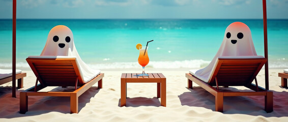 Cute ghost couple on summer vacation, relaxing at exotic beach with turquoise water and bright umbrellas. Whimsical Halloween scene with smiling ghosts sunbathing on tropical beach.
