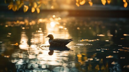 Duck silhouette in a pond at sunset with warm light reflecting on the water
