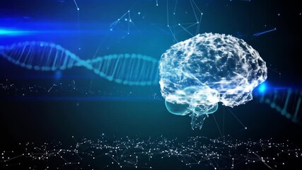 Digital brain and DNA strand on a blue network backdrop - Powered by Adobe