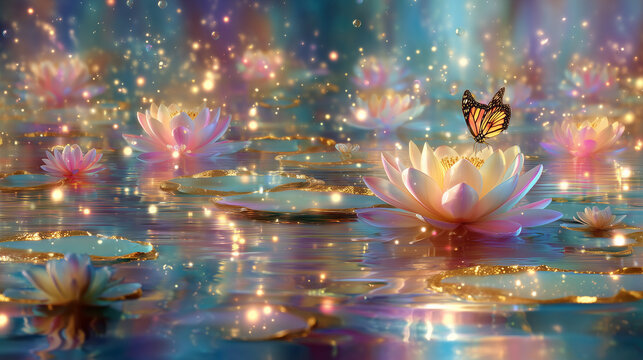 Fantasy fairytale picture of beautiful and colorful water lily or lotus on the clear water with the butterfly and and bright light golden dots