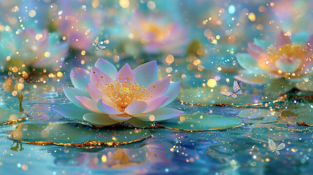 Fantasy fairytale picture of beautiful and colorful water lily or lotus on the clear water with the butterfly and and bright light golden dots