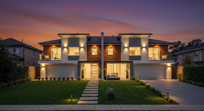 Duplex homes glow under a pink and orange twilight sky with manicured lawn and stone path