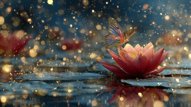 Red water lily flower and the butterfly in beautiful pond with bright golden light