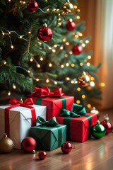 Christmas Tree with Ornaments and Festive Wrapped Gifts Underneath Glowing Lights, AI-Generated