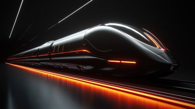 Futuristic train in dark tunnel, high-speed travel, advanced technology, digital art, stock photo