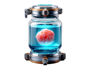 Brain in a Jar: A close-up image showcases a preserved brain submerged within a translucent, high-tech jar, illuminated by an ethereal blue glow.