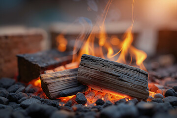  a rustic firewood log, captured mid-burn, with vibrant flames and wisps of smoke dancing in the background, highlighting the intricate textures of the bark and glowing red embers