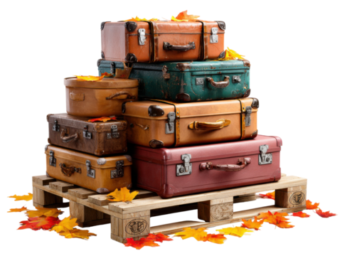 Stacked Vintage Luggage: A captivating stack of well-worn vintage suitcases rests on a wooden pallet, decorated with autumn leaves, conjuring images of travels and adventure.