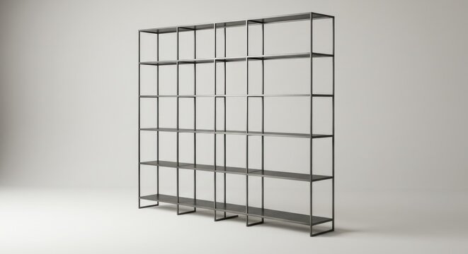 Open rectangular bookcase with metal frame, multiple shelves, gray finish, against a neutral backdrop