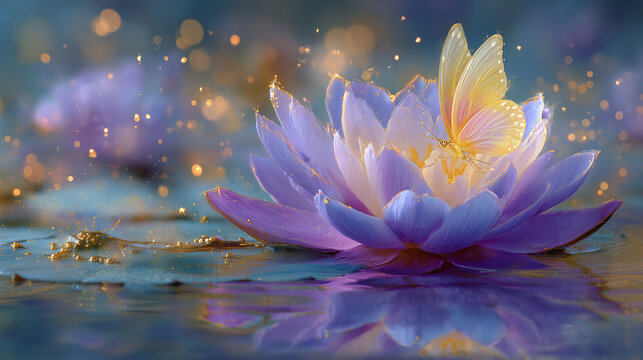 Beautiful close up view of violet water lily flower with the butterfly on the flower , blur and bright light golden dots background