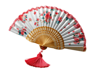 Elegance Unveiled: An intricately designed hand fan, its delicate floral patterns and vibrant red accents radiate a sense of grace, heritage and culture.