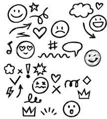 Smile brush hand drawn vector element set. Emoji fun face, heart, crown symbol crayon texture marker background kid sketch style hand drawn element. Color smiley face, arrow. Vector illustration