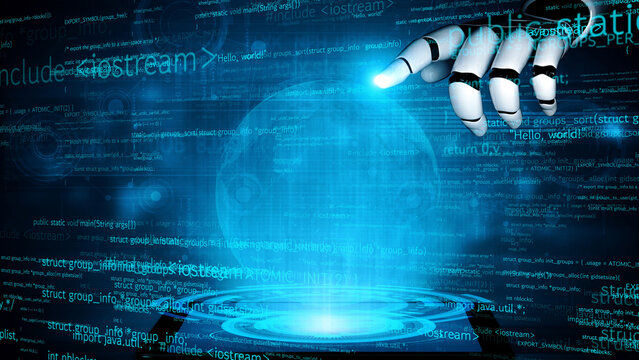 A captivating image of a robotic hand interacting with a holographic globe amidst streams of digital code, symbolizing advanced technology and virtual interaction. Xenic