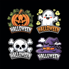 Halloween Pumpkin, Ghost, Skull and Witch Hat Vector Illustration