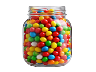Vibrant Candy Collection in Glass Jar: A colorful array of candies fills a clear glass jar, offering a playful assortment of shapes and sizes that entice the senses.