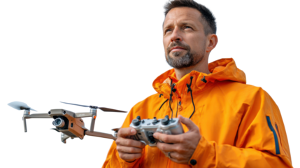 Man and drone: A man operates a drone, capturing the spirit of flight and exploration through high-angle shots. A contemporary scene that embodies tech-savvy lifestyle.