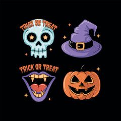 Halloween Sticker Set with Skull, Witch Hat, Vampire Mouth and Jack-o-Lantern Pumpkin Illustration