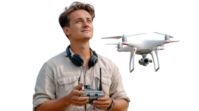 UAV operator: An aerial view with a professional UAV operator expertly navigating their drone, surveying the environment with the utmost precision and passion, is portrayed.